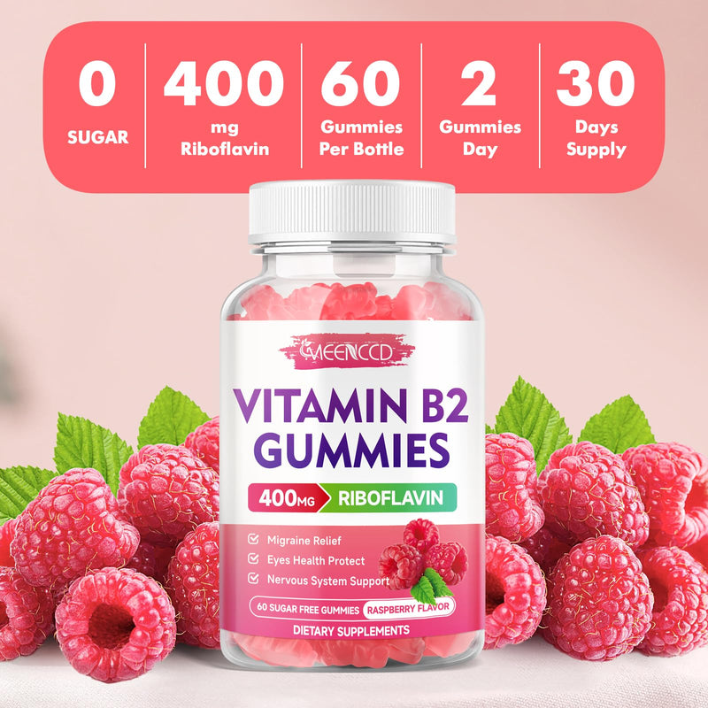 MEENCCD 2 Pack Vitamin B2 Gummies Riboflavin 400mg Supplement with Magnesium for Kids & Adults, B2 Gummies for Migraine Relief Support, Vegan, Sugar-Free, Raspberry Flavor, 120 Count 60 Count (Pack of 2)