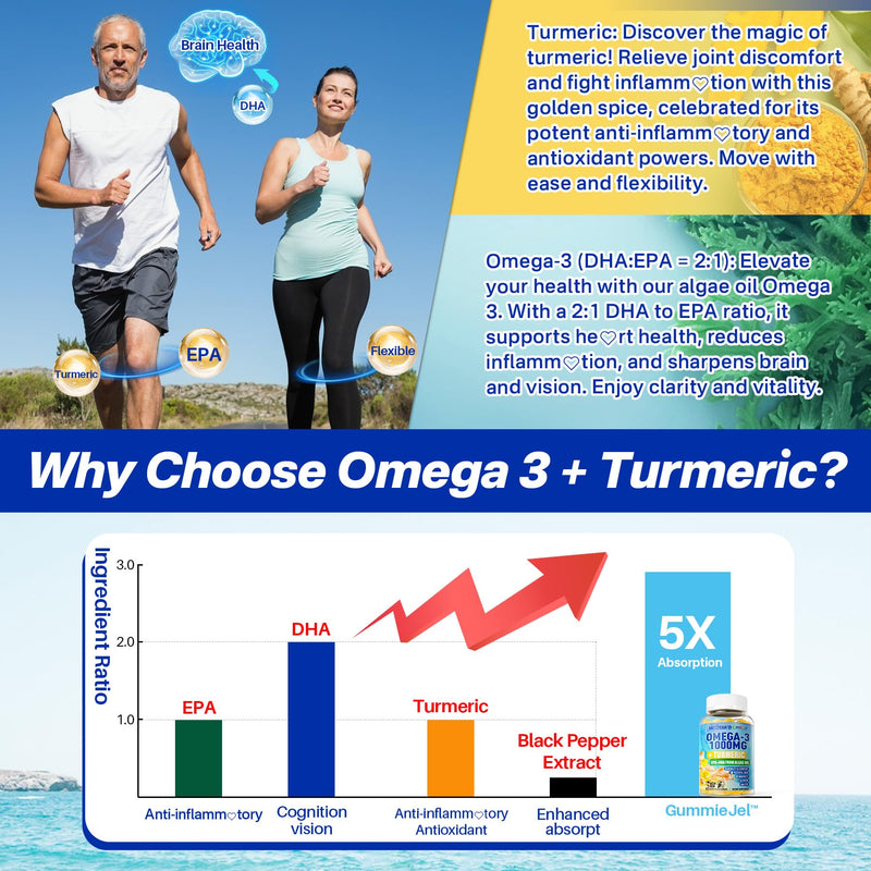Vegan Omega-3 Gummies 1000mg + Turmeric - Omega 3 Fish Oil Alternative for Adults - Algae DHA 600mg & EPA 300mg, Vitamins A, C, E, Zinc & MSM, Sugar Free, 60 Cts 60 Count (Pack of 1) - BeesActive Australia