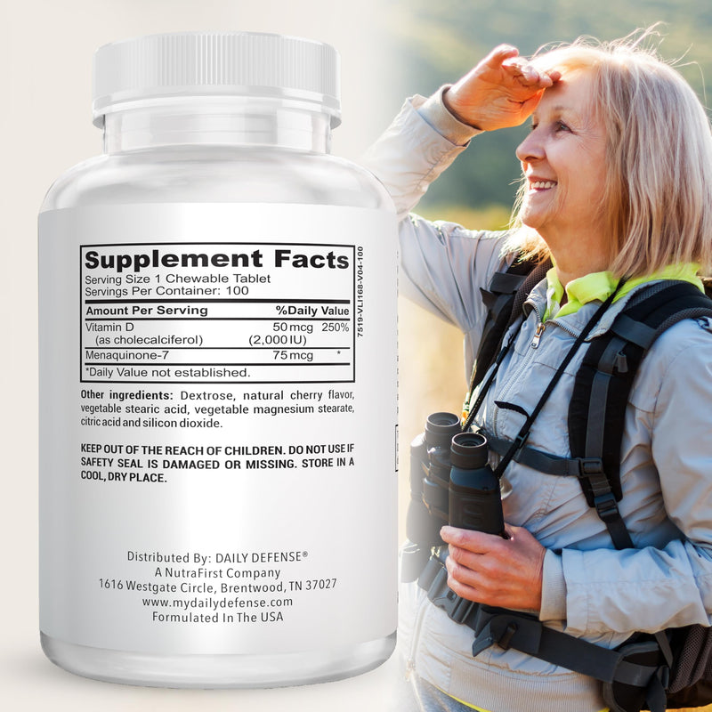 Immune Defense Supplements Vitamin D3 K2 2000IU for Heart Health, Daily Immune Support, Mental Clarity, & Muscle Function - 100 Chewable Tablets