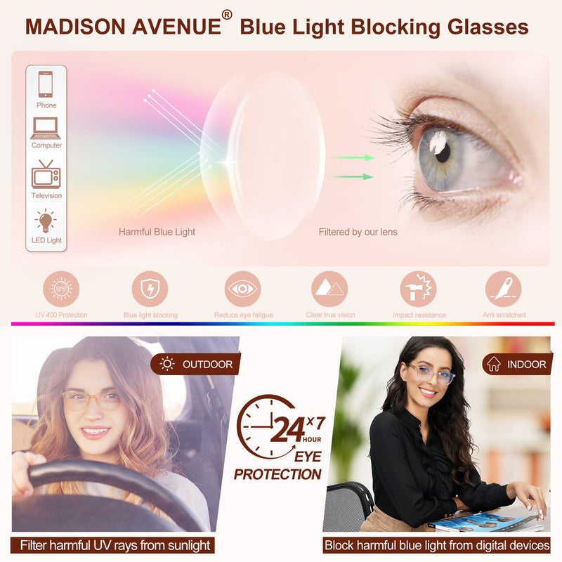 Madison Avenue Blue Light Blocking Glasses Anti Eyestrain UV Glare Blue Light Glasses for Women TV Phone Computer Gaming Eyeglasses (Crystal Brown) Crystal Brown - BeesActive Australia