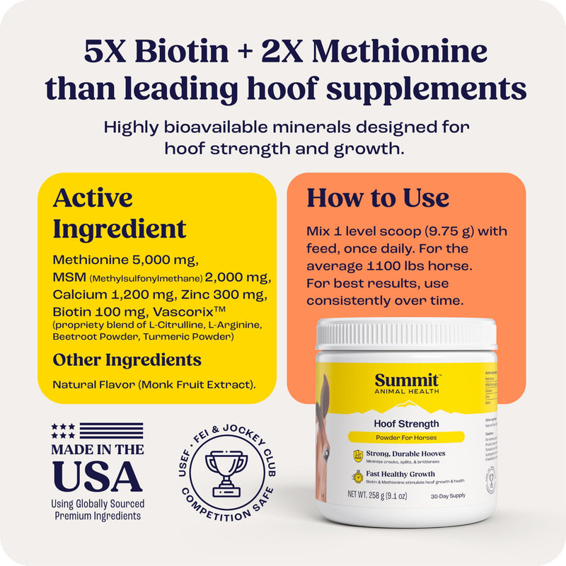 Summit Equine Hoof Strength Powder for Horses, Promotes Healthy Hooves with Biotin, Amino Acids, and Minerals, Horse Hoof Supplement,11 oz, 30-Day Supply