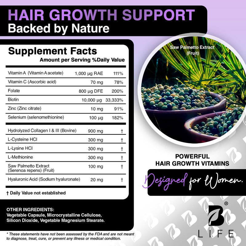 B Life Company Hair Vitamins for Hair Loss for Women – Biotin for Hair Growth – Hair Loss Treatments for Women – Healthy Hair Skin and Nails –240 Capsules – 60 Servings Biotin Vitamins 240 Capsules