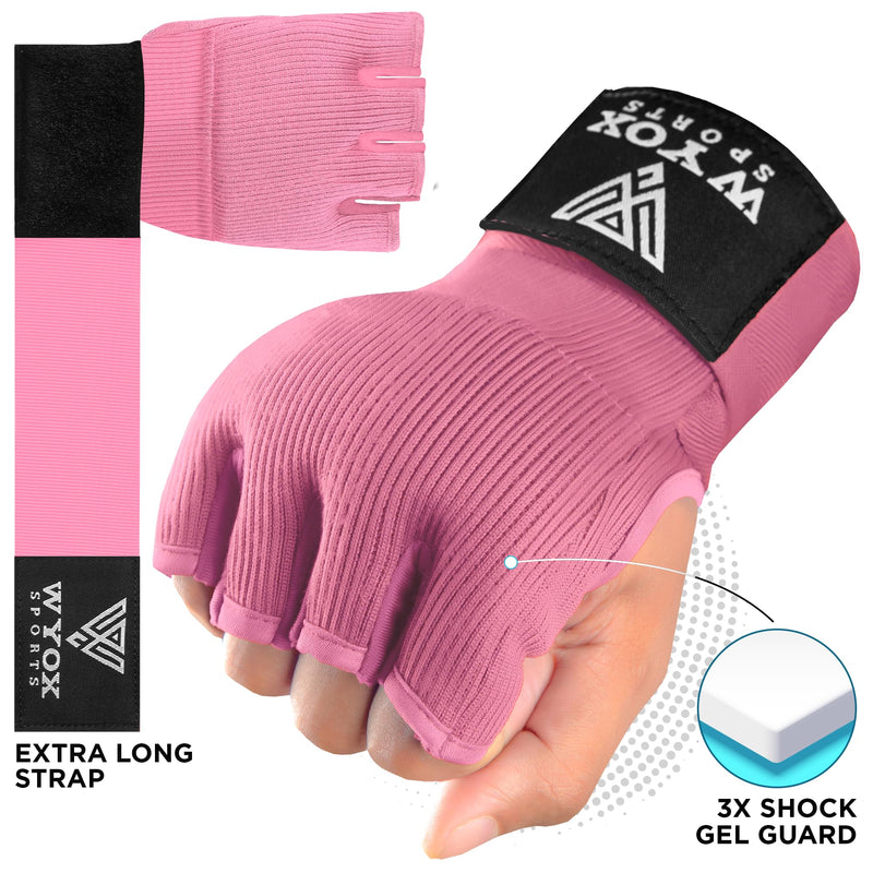 WYOX Gel Boxing Hand Wraps Inner Gloves for Men & Women – 80cm Quick Wrist Strap, Padded Knuckle Support, Fingerless MMA Muay Thai Kickboxing Wraps for Training, Punching & Martial Arts Small-Medium Pink