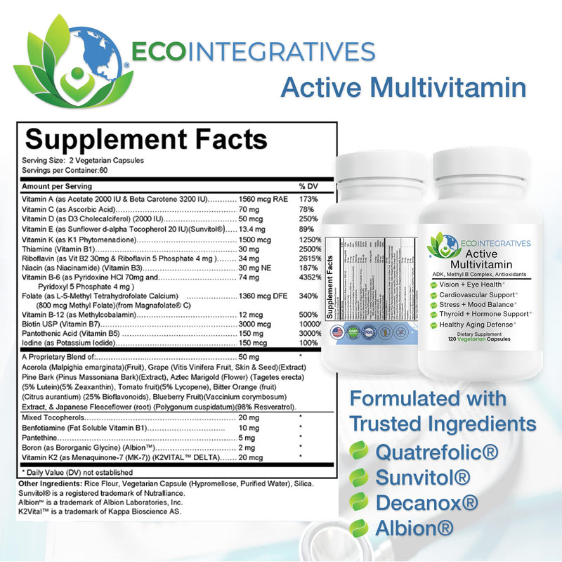 Active Multivitamin ADK Methyl B Complex - 120 Capsules | Quatrefolic Folate, P5P, Methyl B12, Vitamin D3 K1 K2, Energy & Cellular Health, Vision & Eye Health, Non-GMO, Gluten-Free 120 Count (Pack of 1)