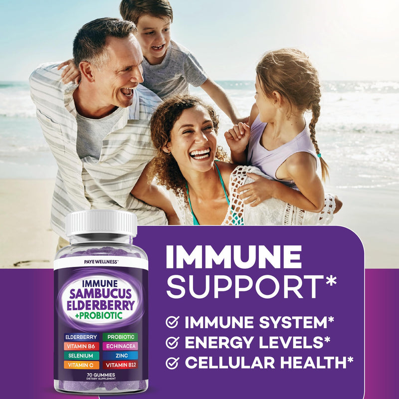PAYÉ Elderberry Gummies, Vitamin C Immune Support Supplement + Probiotic Gut Health - Sambucus, Echinacea, Vitamin B, Zinc, Selenium, 70 Gummies for Adults and Kids 70 Gummies (Pack of 1)
