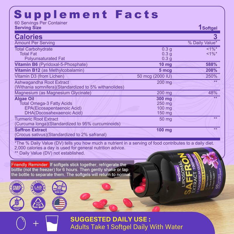 Saffron+Magnesium Glycinate+Omega-3- Mood+ Calm Focus Supplements,100% Pure | Saffron Extract 100mg-Liposomal Saffron Supplements w/Turmeric, Ashwagandha, Vit B6, B12, D3 for Brain,Energy, 120 Softgels. 60 Count (Pack of 2)