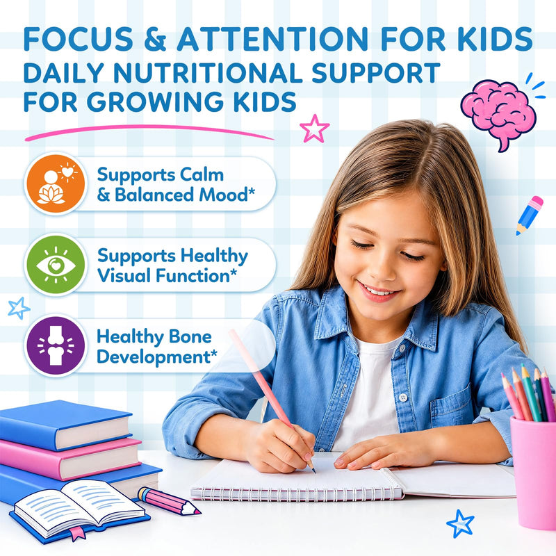 Kids Focus and Attention Supplements with Phosphatidylserine, L-Theanine, Omega-3, Ginkgo Biloba, Kids Multivitamin Liquid Drops, Supports Cognitive, Memory, Calm & Mood, Strawberry, 2 Fl Oz 2 Fl Oz (Pack of 1)
