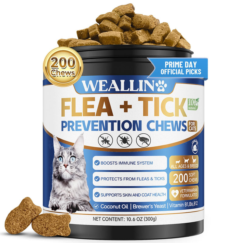 Flea and Tick Prevention for Cats, 200 Soft Chews for Fleas Treatment for Cats, Natural Cat Oral Flea Chewables Support Supplement, Flea and Tick Chews for All Breeds & Sizes