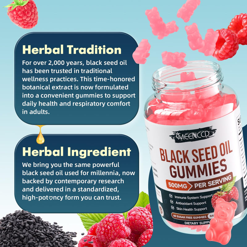 2 Pack Black Seed Oil Gummies, Cold Pressed Black Seed Oil Supplement | Antioxidant Support, Vegan, Non-GMO, Suagr-Free, Natural Raspberry Flavor, 120 Count 60 Count (Pack of 2)