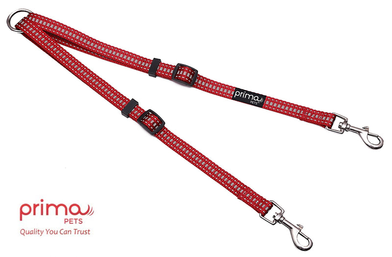 No Tangle Reflective Dog Leash Coupler - Double Dog Walker and Trainer Leash - Two Dogs Adjustable Splitter Lead - Each Side Adjusts 11" to 20" in Length (Small - 5/8" Width, RED) - BeesActive Australia