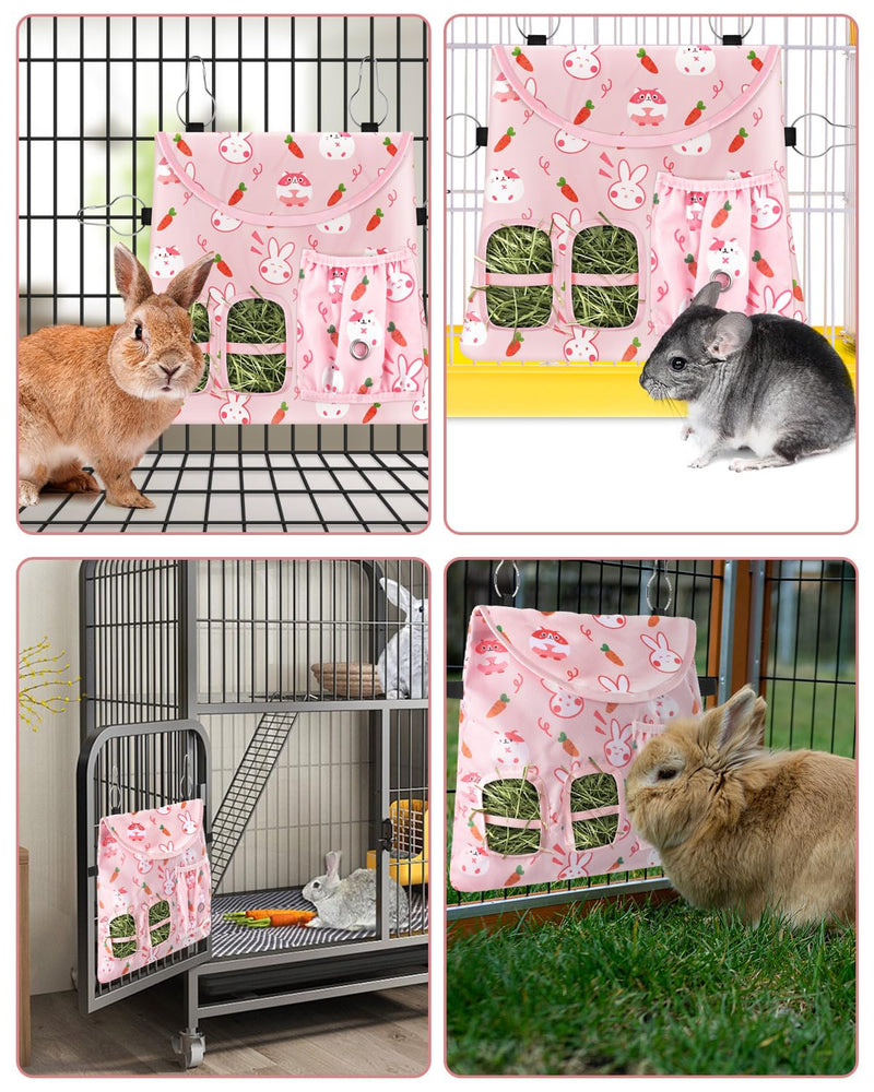 Bissap Rabbit Hay Feeder Bag, 2 Holes Hanging Hay Feeder Guinea Pig Hay Bag with Side Pocket for Rabbits Bunny Chinchillas Hamsters Rats and Other Small Pets Small Animal - S (Pink) ﻿ - BeesActive Australia