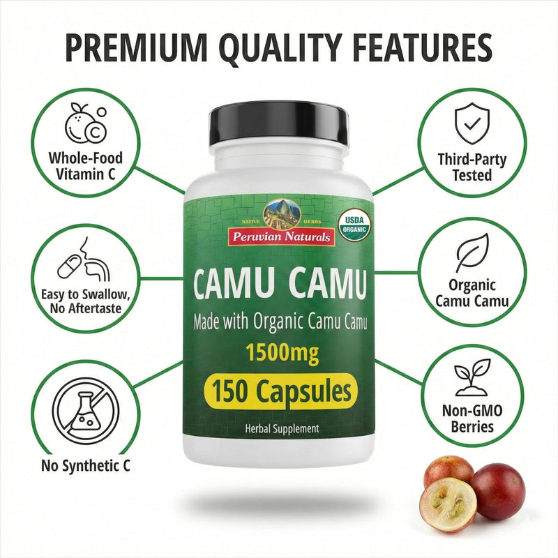 Peruvian Naturals Organic Vitamin C from Camu Camu Capsules 1,500mg - 150 Vegan Pills, Natural Vitamin C from Whole Food Camu Berry Organic, Non-GMO | Natural Vitamin C Supplement, Vegan, Antioxidant Support, Immune & Skin Health, Non-GMO