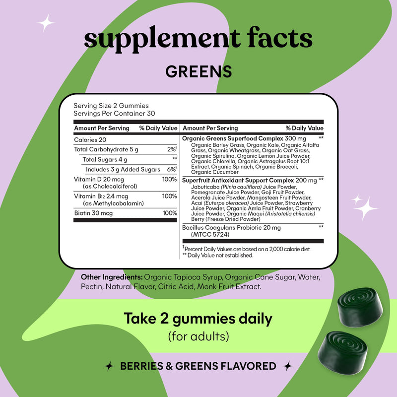 Lemme Greens Superfood Gummies, 30-Day Supply | Support Gut Health & Reduce Bloating, 20+ Organic Greens and Superfruits, Clinically Studied Probiotics, D3, B12
