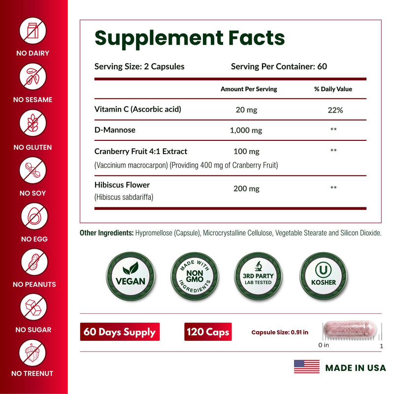 ForestLeaf D Mannose Supplements for Women & Men - D-Mannose 1000mg Capsules with Cranberry, Hibiscus & VIT C - DMannose Pills for UTI, Urinary Tract & Bladder Support - 120 Caps 120 Count (Pack of 1) - BeesActive Australia