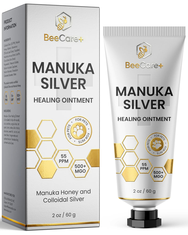 Manuka Honey Ointment 500+ MGO – Dog Hot Spot Treatment for Scratches, Burns, Irritations – Cat Wound Care with 55-PPM Colloidal Silver for Dogs – Manuka + Silver Healing Ointment in a 2-oz Tube Manuka Silver Ointment 2 Fl Oz x 1