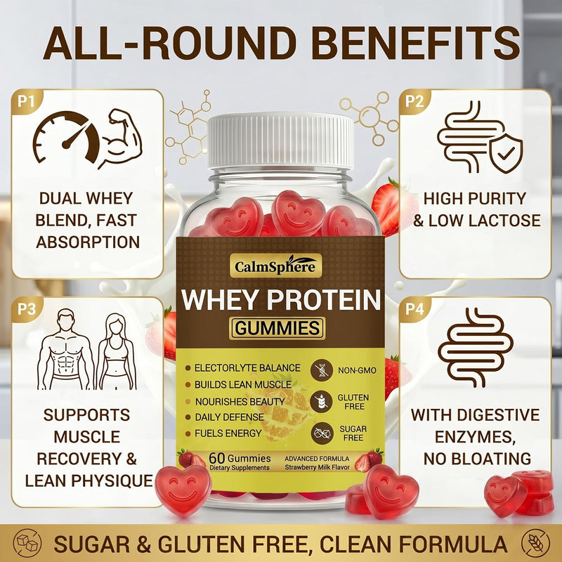 Whey Protein Gummies for Women & Men - 10g Sugar Free High Protein Gummies - Clean Hydrolyzed Whey Protein Isolate Supplement for Muscle Recovery - Strawberry Milk, 60 Ct