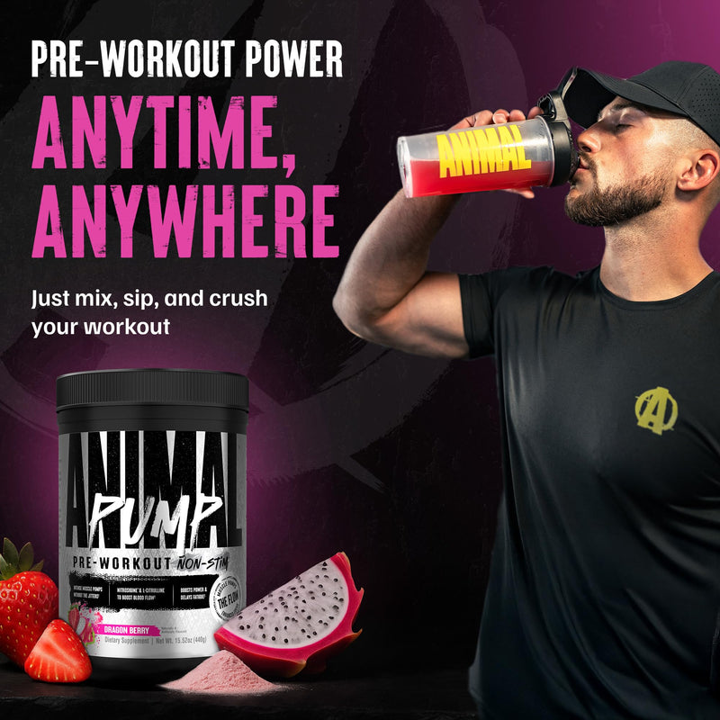 Animal Pump NS Stim-Free Pre-Workout – 6g L-Citrulline + 1.5g Nitrosigine for Pumps, Beta-Alanine & Electrolytes for Endurance, Caffeine-Free Focus, Men & Women – Dragon Berry, 20 Servings