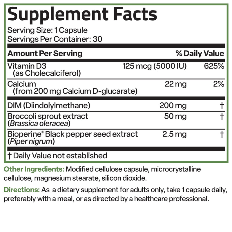 Bronson DIM Balance+ 200 mg & Calcium D-Glucarate, 30 Vegetarian Capsules | Broccoli Sprout, Vitamin D3 & BioPerine, Estrogen Metabolism & Balanced Hormone Support, Non-GMO, Gluten-Free & Soy-Free 30 Count (Pack of 1)