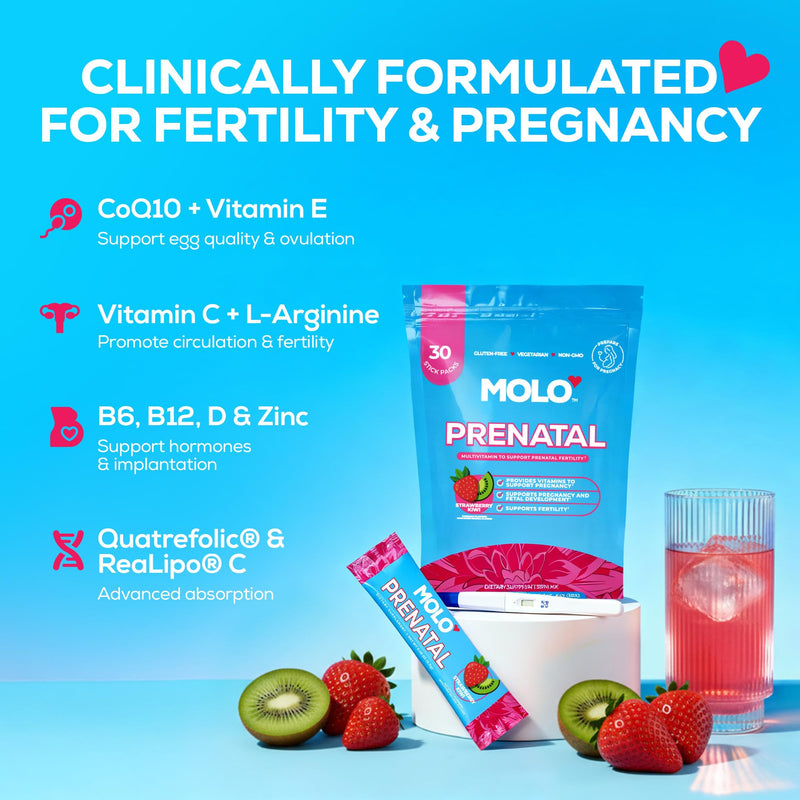 MOLO Prenatal Multi-Vitamin Drink Mix for Women – Packed with Essential Vitamins & Antioxidants, Methylfolate, & Iron – 30 Stick Packs Strawberry Kiwi Flavor – Vegetarian, Gluten-Free & Non-GMO