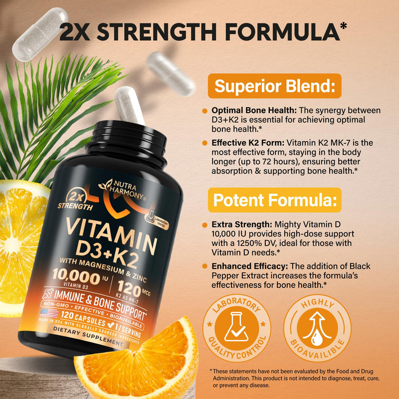 Vitamin D3 K2 - Vitamin D3 10000 iu & K2 as MK-7 120 mcg - Immune & Mood Support, for Bone & Teeth Health - with Magnesium, Zinc & Vitamin C & B12 - Highly Bioavailable - Made in USA, 120 Capsules 120 Count (Pack of 1)