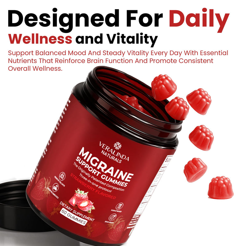 Veralinda Migraine Gummies – Original Triple Protocol Formula, 60 Gummies with Magnesium, Riboflavin B2 & Feverfew – Natural Brain Health Supplement for Migraine Wellness Support for Women & Men