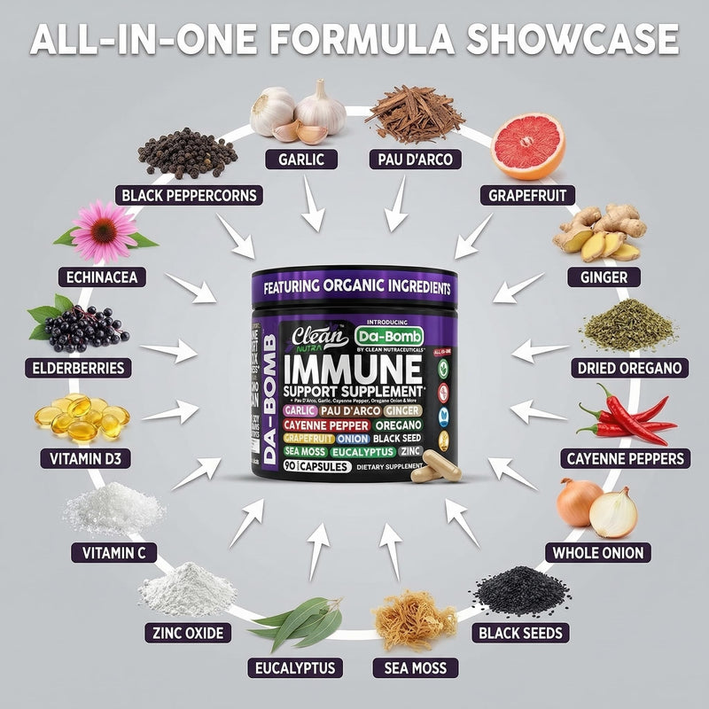 Organic Immune Support with PAU D'Arco Garlic Cayenne Pepper Oregano Ginger Grapefruit Onion Black Seed Sea Moss Black Pepper Zinc Eucalyptus Vitamin C Vitamin D Organic Soursop By Clean Nutra 1