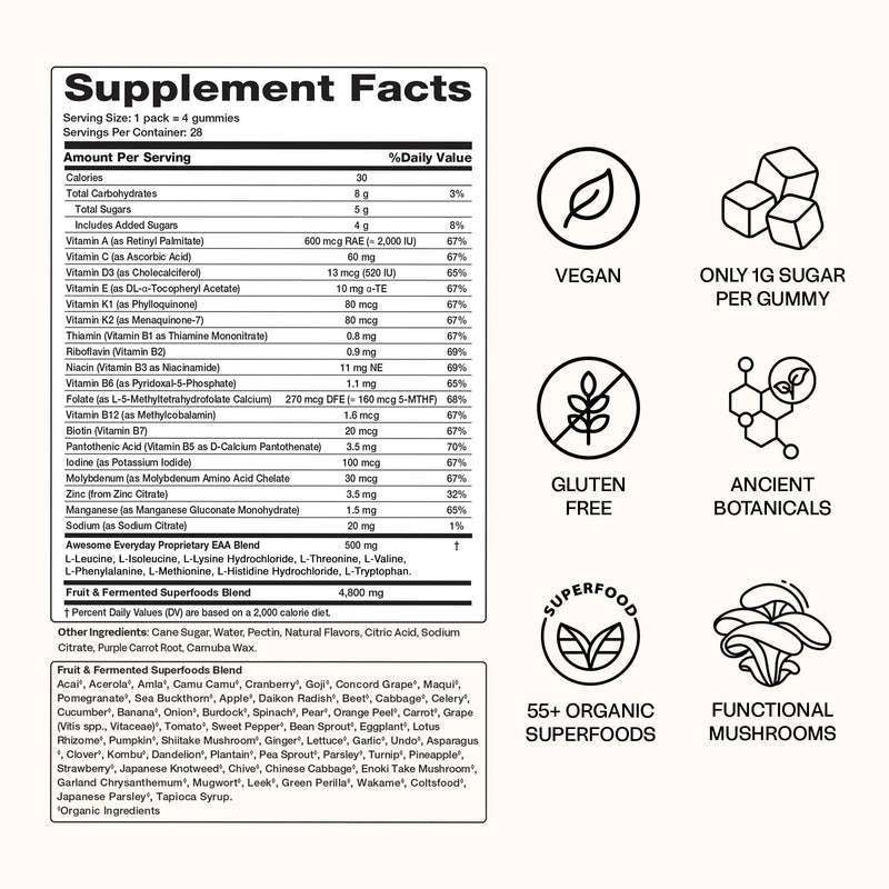 Awesome Everyday - Essential Daily Nutrition Gummies - Kids - 10 Count | Contains 9 Essential Amino Acids, Features 19+ Vitamins and Minerals, Has 55+ Fermented Superfoods and Greens Blend Kids & Teens 10 Count (Pack of 1)