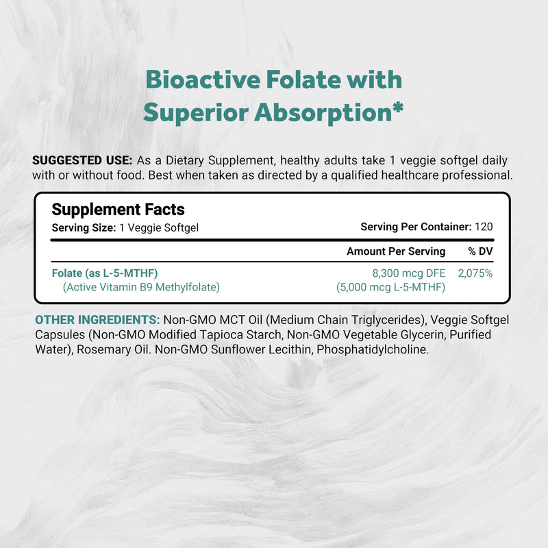 Naturalis Vegan L-5-MTHF 5mg (8300mcg DFE) 120 Softgels | Active Folate | Bioactive L-5-MTHF, the active folate, designed to support cognitive function, healthy methylation, and energy production.* 120 Count (Pack of 1)