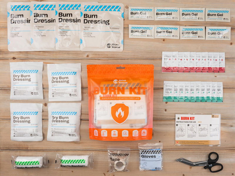 RHINO RESCUE Burn Kit, 4pcs Burn Dressings 4x4”, 8pcs Burn Gel Packets 3.5g, 4pcs Burn Pads, First Aid Kit Cooling Soothing Cream Relief with Bandage, Nitrile Gloves, Scissors, Tape - BeesActive Australia