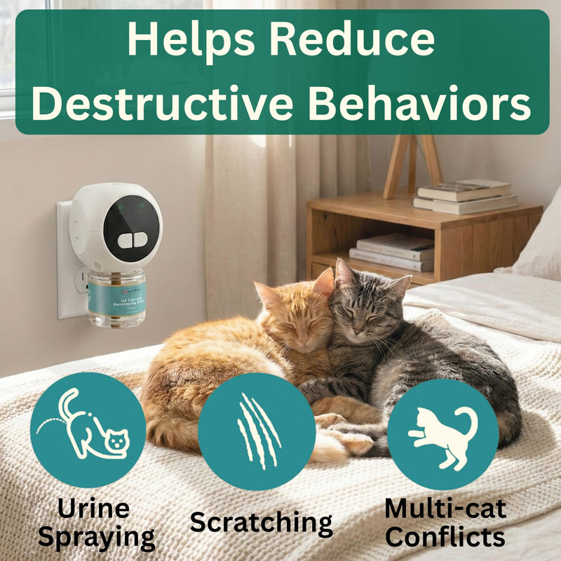60-Day Cat Calming Pheromone Diffuser - Reduces Urine Spraying, Anxiety, Scratching & Meowing, Timer Modes to Extend Refill Life (2 Diffusers + 2 Refills)