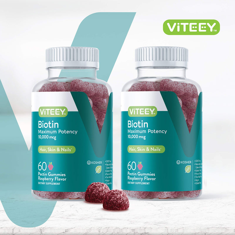 Viteey Biotin Gummies - 10,000 mcg - 120 Count | for Hair Skin and Nails - Biotin for Hair Growth Gummies - Vegan, Gluten-Free, Non-GMO 60 Count (Pack of 2)