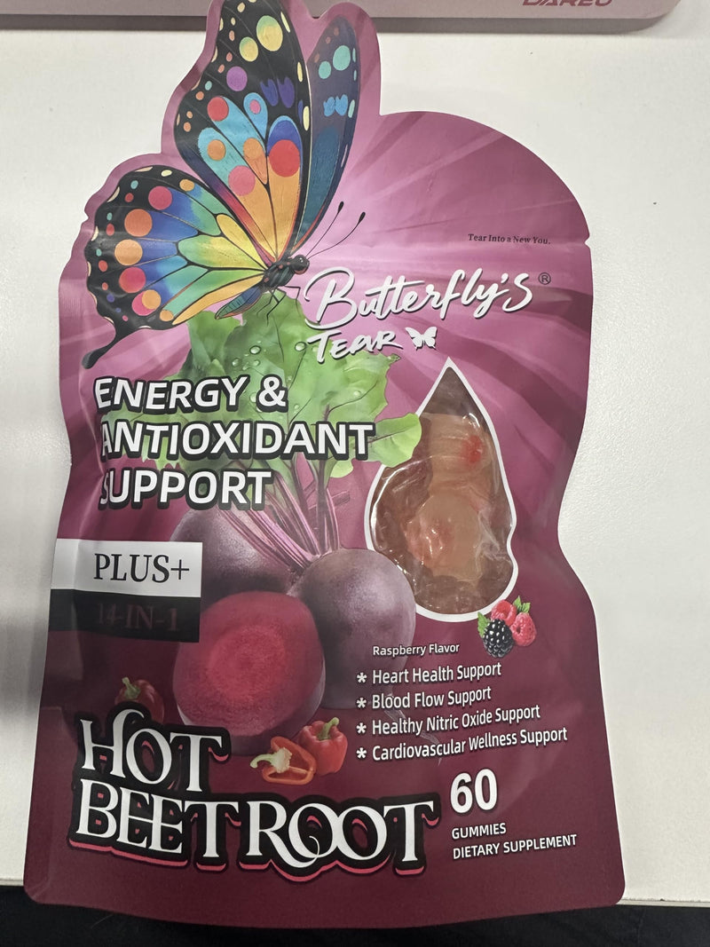 BUTTERFLY'S TEAR Beet Root Gummies – Hot Beet Root Gummies for Circulation, Heart & Blood Pressure Support, Nitric Oxide Beets Gummies with Vitamin D3, K2, E, Grape Seed, Sugar Free, 2Pack (60 Count) Superfood Beets Gummies 60 Count (Pack of 2)