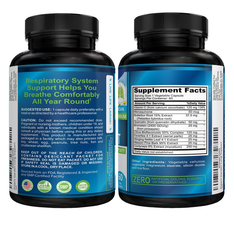 Potent Garden Lung Support – 10-Ingredient Respiratory Wellness Formula with Vitamin C, Quercetin & Herbal Blend – Daily Lung & Immune Support – Vegan Capsules, 60 Count (60-Day Supply)