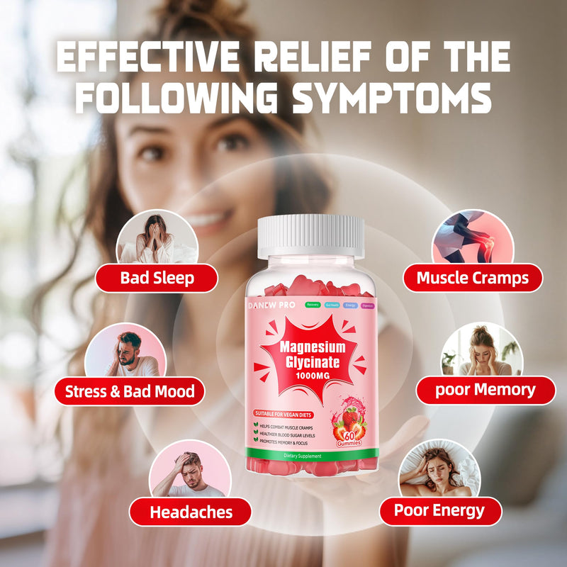 Magnesium Glycinate Gummies 1000mg - Sugar Free Magnesium Potassium Supplement with Vitamin D, B6, CoQ10 for Calm Mood & Sleep Support - 60 Strawberry Gummies 60 Count (Pack of 1)