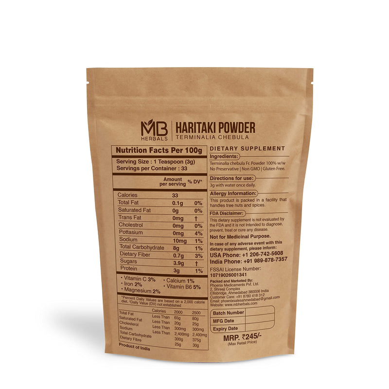 MB Herbals Haritaki Powder 3.5 oz / 100 Gram |Terminalia chebula | Harde | Chebulic Myrobalan | Natural AntiOxidant - BeesActive Australia