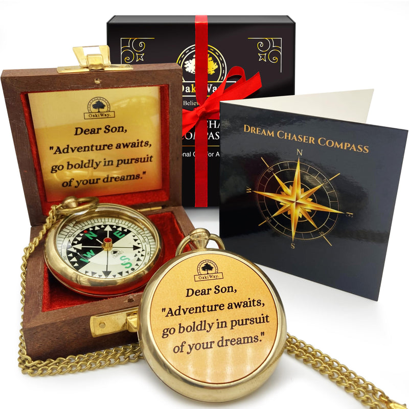 The Dream Chaser Compass - Go Confidently -2026 Unique Graduation Gifts for Him, College, High School, Cool Birthday Gift Idea for Son, Boys, Motivational Greeting Card Included Dream Chaser - Dear Son