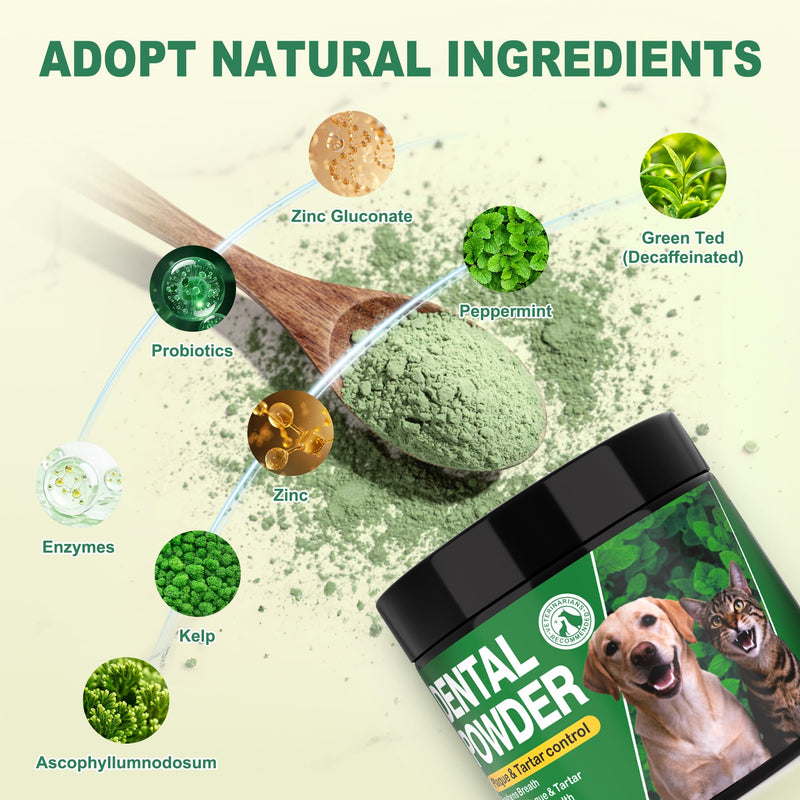 Dog Dental Powder for Teeth Cleaning - Dog Dental Care, Plaque & Tartar Remover for Teeth, Oral and Gum Health Support for All Ages Dogs & Cats, Mint Flavor