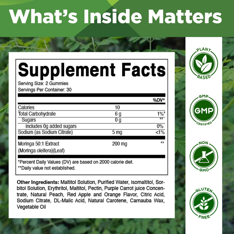 Vitamatic Moringa Gummies – Sugar-Free Botanical Extract – Green Superfood Supplement – Vegan, Pectin-Based, Non-GMO – Plant-Based Gummies – 60 Count 60 Count (Pack of 1)