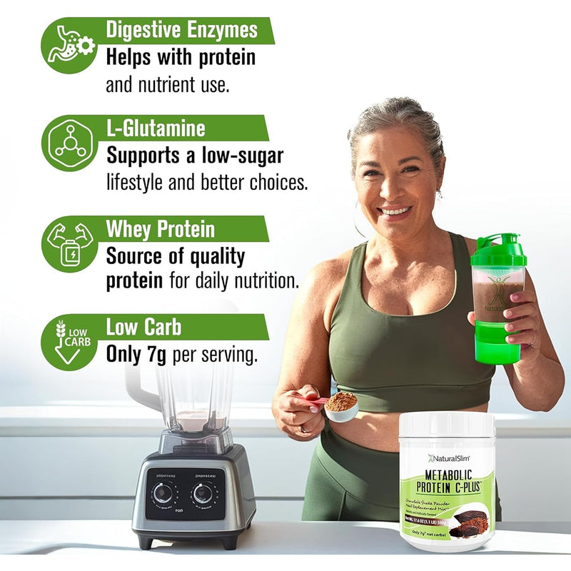 NaturalSlim Metabolic Protein C-Plus, Chocolate, 1.1 lb | Whey Protein Powder and Shake, Vitamin C, L-Glutamine and Digestive Enzymes, Support Metabolism, Energy and Gut Health Chocolate C Plus