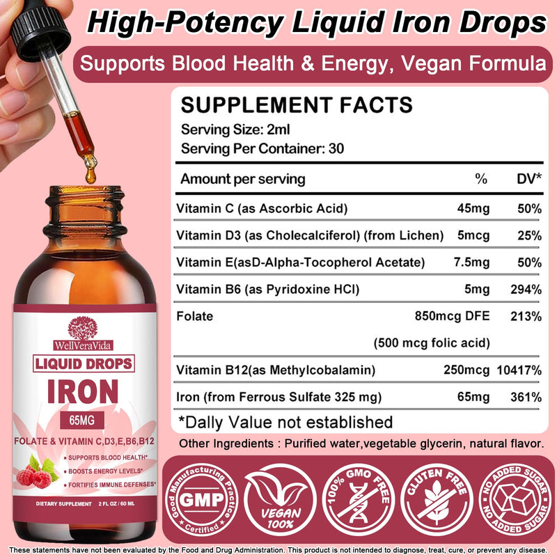 Iron Supplement for Women, Liquid Iron Drops 65mg w. Vitamin C & B Complex | Gentle Iron Drops for Iron Deficiency, Energy, Blood Health, Red Blood Cell Support, Gentle Digestion, Sugar-Free Raspberry