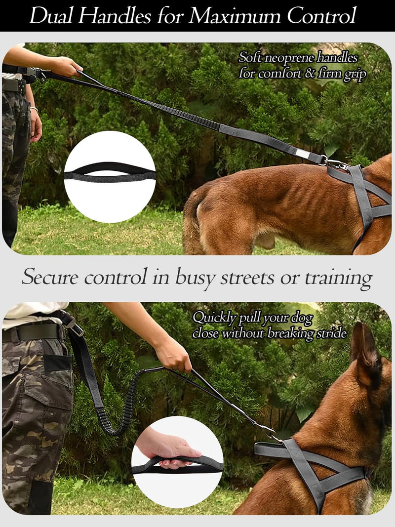 Hands Free Dog Leash with Zipper Pouch & Waist Belt – Reflective Durable Bungee Leash with Dual Padded Handles for Walking, Jogging & Running, Fits Small to Large Dogs (Black) Black