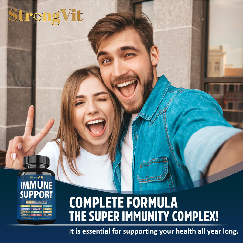 StrongVit Immune Support Supplement 12 in 1 Complex with Vitamin C, D3, Zinc, Echinacea, Elderberry, Ginger, Turmeric. Immune Defend for Men & Women, Non-GMO, Gluten-Free, Vegan, USA 60 Count (Pack of 1)
