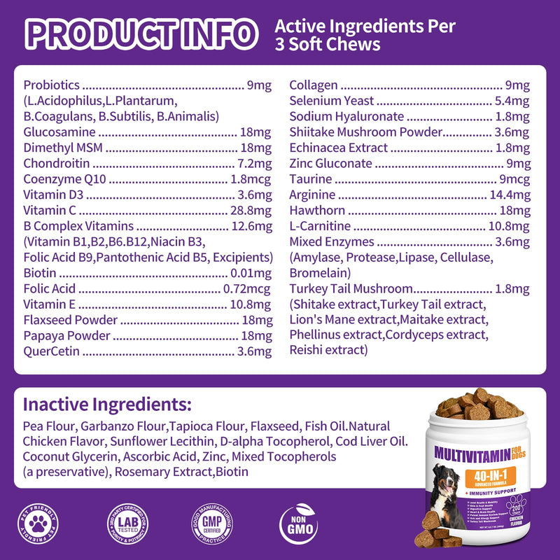 40-in-1 Dog Multivitamins Chewable, Dog Vitamins and Supplements 200 ct Contain Probiotics Omega-3 Glucosamine, Multivitamin for Dogs Skin Coat Heart Joint Liver Brain Eyes Immune Support 200 Count