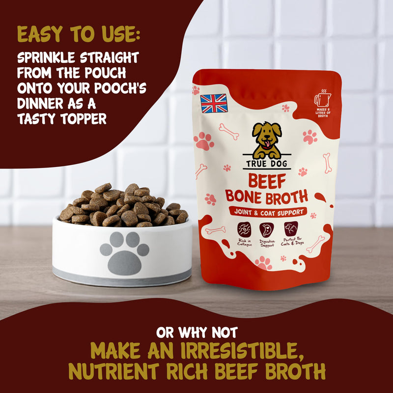 True Dog Beef Bone Broth Powder (250g) Contains Collagen for Dogs & Cats, Supports Puppy and Dog Gut Health and Joint Aid for Dogs, Cat Food Topper Suitable for Home Freezing - Natural Pet Supplement