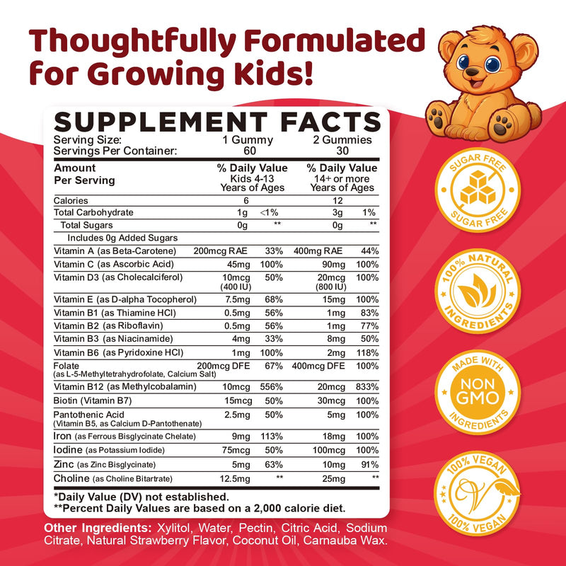 Iron Supplement Gummies for Kids, Kids Multivitamin with Iron Gummies - Zinc, Vitamin B Complex, A, C, D3, B12, Folate for Blood Builder & Energy Support, Iron Deficiency, Vegan Strawberry 60 Gummies 60 Count (Pack of 1)