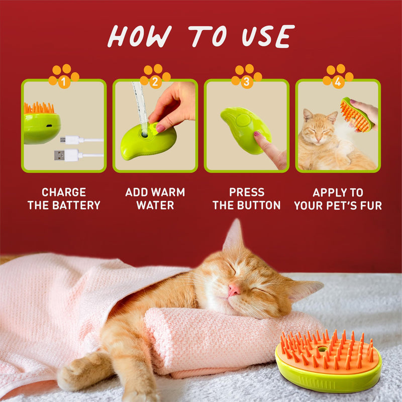 Cat Steam Brush for Shedding Massage & Dirt Removes Loose Tangled & Static Fur | Short & Long Haired Pet | Misting Water 3 in 1 Grooming Comb w Soft Bristles | Self Cleaning Dog Spray & Steamy Brush - BeesActive Australia
