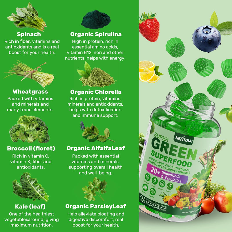 Super Greens Multivitamin Gummies, w/Spirulina, Chlorella, Multivitamins | Greens Superfood Gummies + Prebiotic Fiber, Adaptogens, Adults Vitamins for Gut Health, Immunity, Focus & Energy, 60Cts 60 Count (Pack of 1)