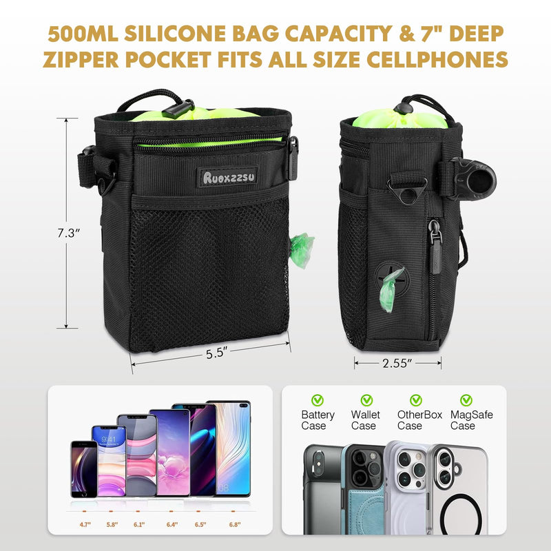 Dog Treat Pouch with Silicone Snack Bag, Front Pocket with Zipper fits All Phones, Card, Mesh Pocket fits Dog Toys, Treat Bag with Dog Waste Bag, 3 Ways to Wear Walking Fanny Pack Black(with Removable Pocket) - BeesActive Australia