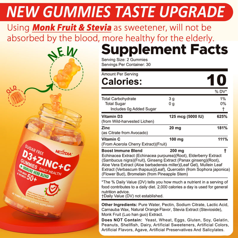 Vitamin C + D3 + Zinc Immune Support Gummies for Adults 50 Plus Elderberry | Vitamin C + D3 + Zinc Gummies for Adults 50 +, Sugar Free Immune Support Supplement w/ Elderberry, Echinacea, Quercetin,1Pack 60 Count (Pack of 1)