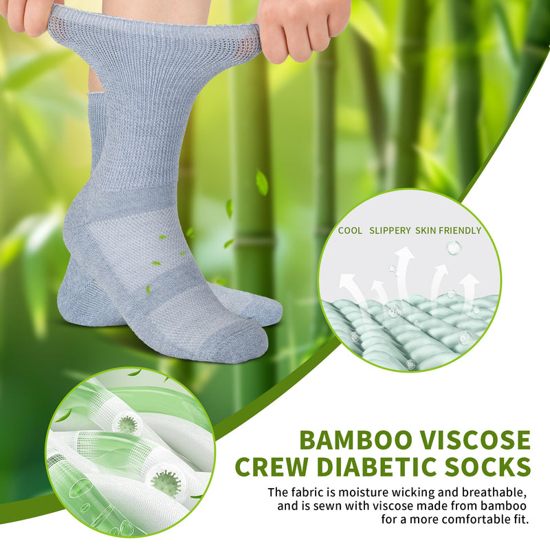 Diabetic Crew Socks for Men Women,Bamboo Viscose Non-Binding Loose Top Wide Socks with Seamless Toe 6-9 9-12 Black/White/Gray-blue/Coffee/Grass Gray Large